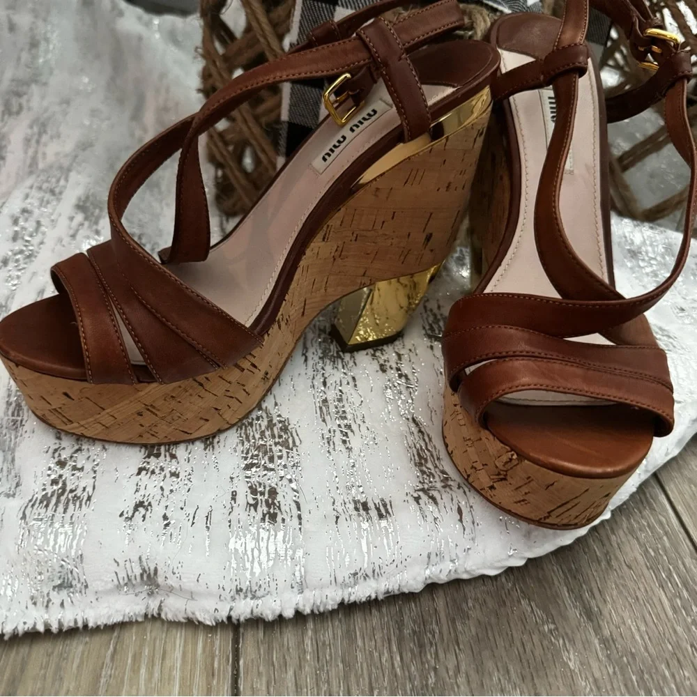 Miu Miu Brown Leather Cork Platform Sandals